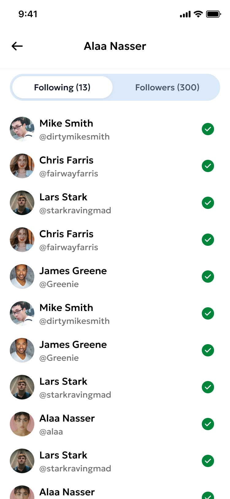 The Profile > Following list showing all users the current user follows
