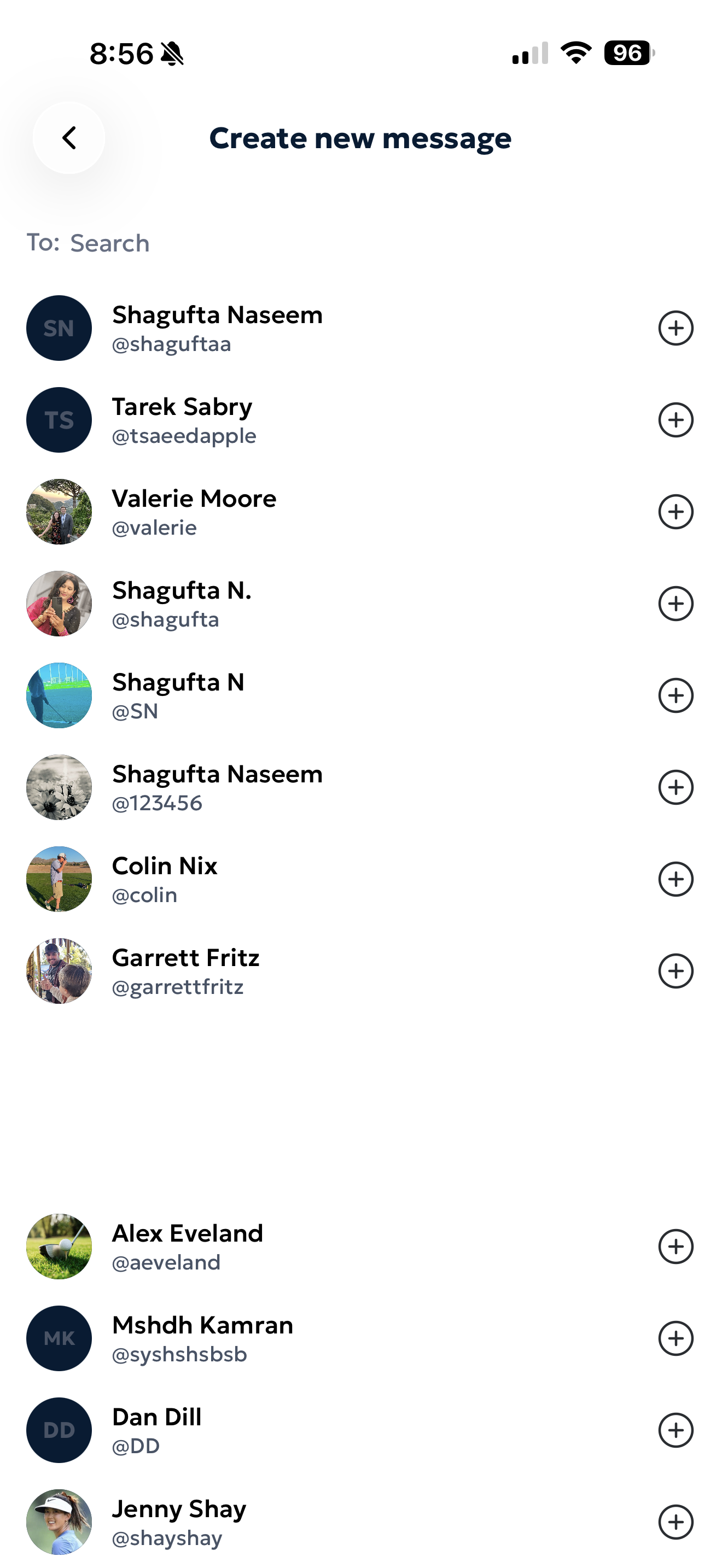 The New Message screen showing the recipient search field and compose area with options to send text, photos, round invites, and wager requests