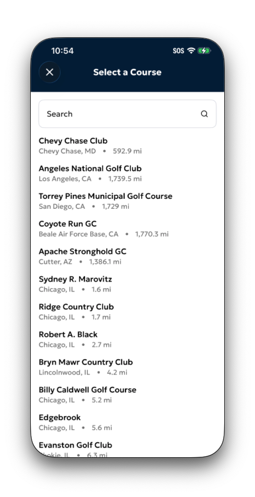 The course search/selection screen showing a search field, nearby courses list, and course details (rating, slope)