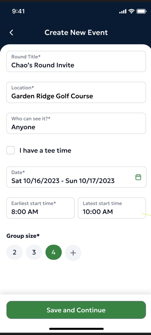 The Create Event screen showing fields for event name, date/time, course, format selection, description, and participant limits