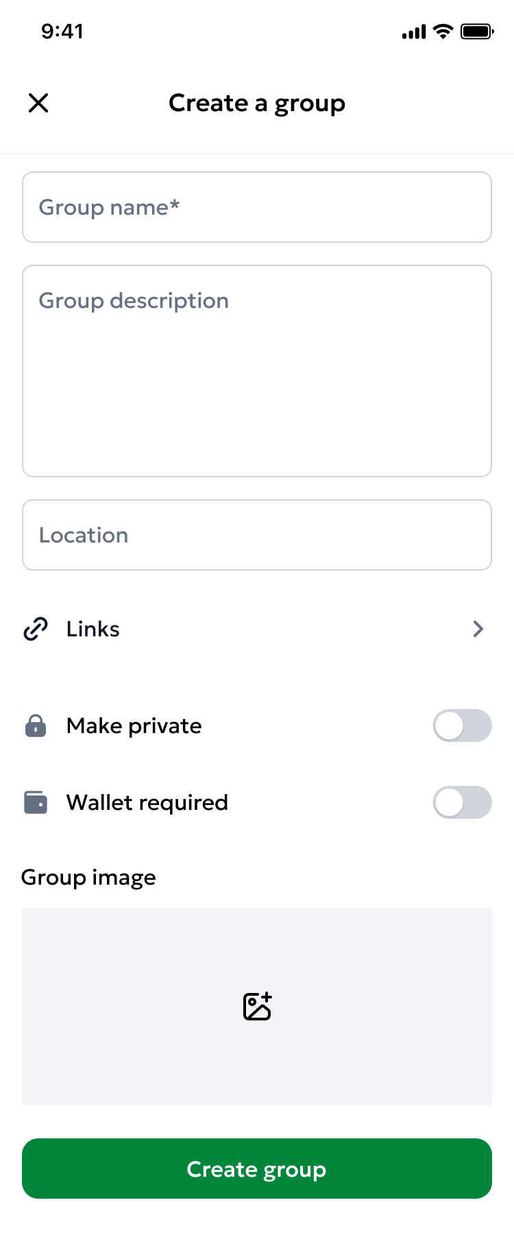 The Create Group screen showing fields for group name, description, group photo, and privacy setting (public/private)