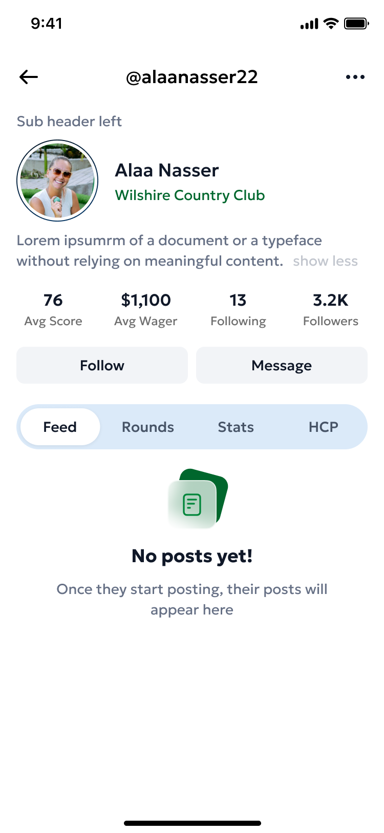 Another golfer's profile showing the Follow button and their public information