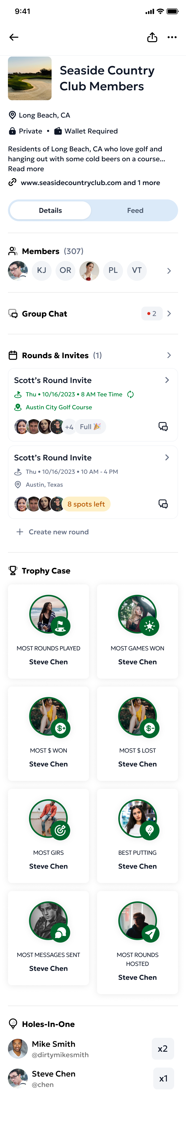 A group page showing the group chat, shared rounds, events, and leaderboard tabs/sections