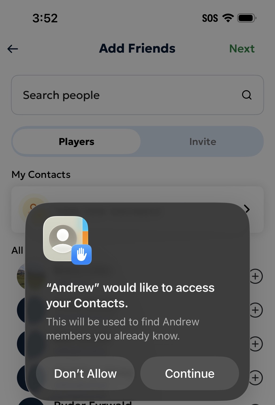 The iOS/Android permission dialog asking for notifications, location, and contacts access for Andrew
