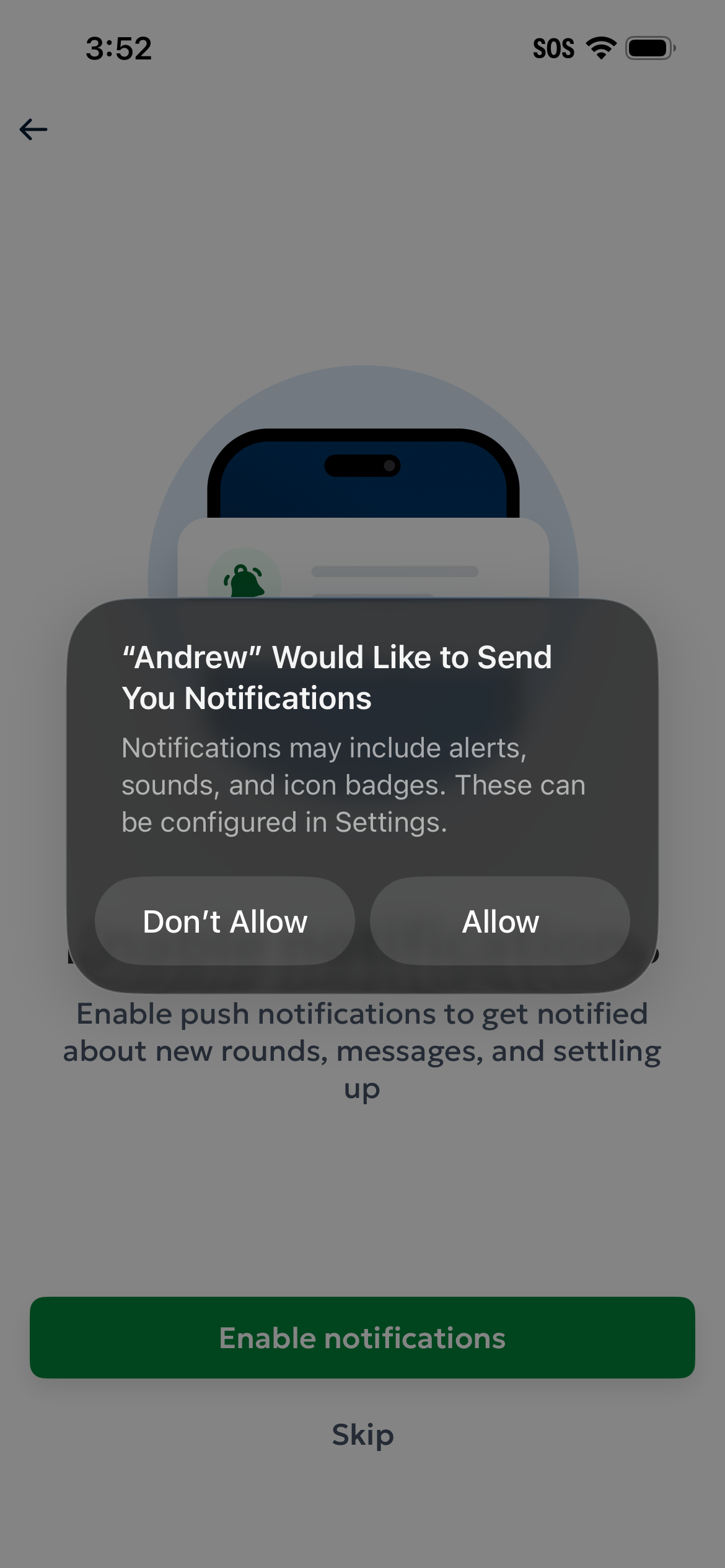 The iOS/Android permission dialog asking for notifications, location, and contacts access for Andrew