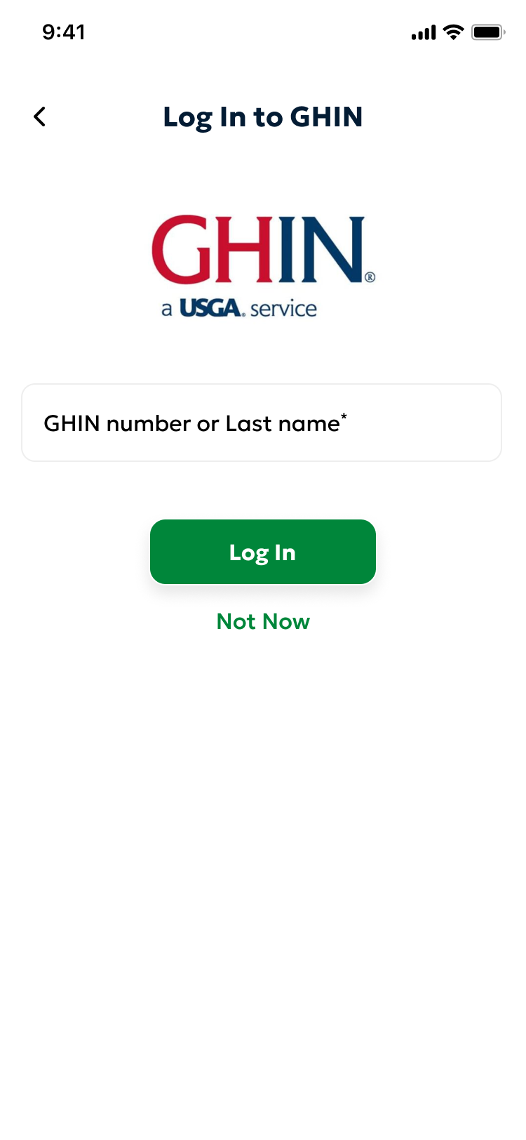 The Profile > Settings > GHIN screen showing the Connect GHIN button and the GHIN number entry field