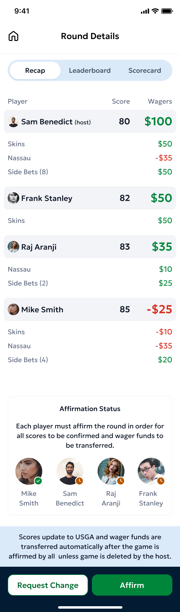 The scorecard summary view showing all holes, all players, totals, and any pending wagers - the review step before affirming