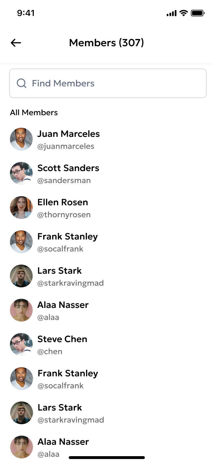 The group's member management screen showing the member list with roles (Owner, Admin, Member) and invite/remove options