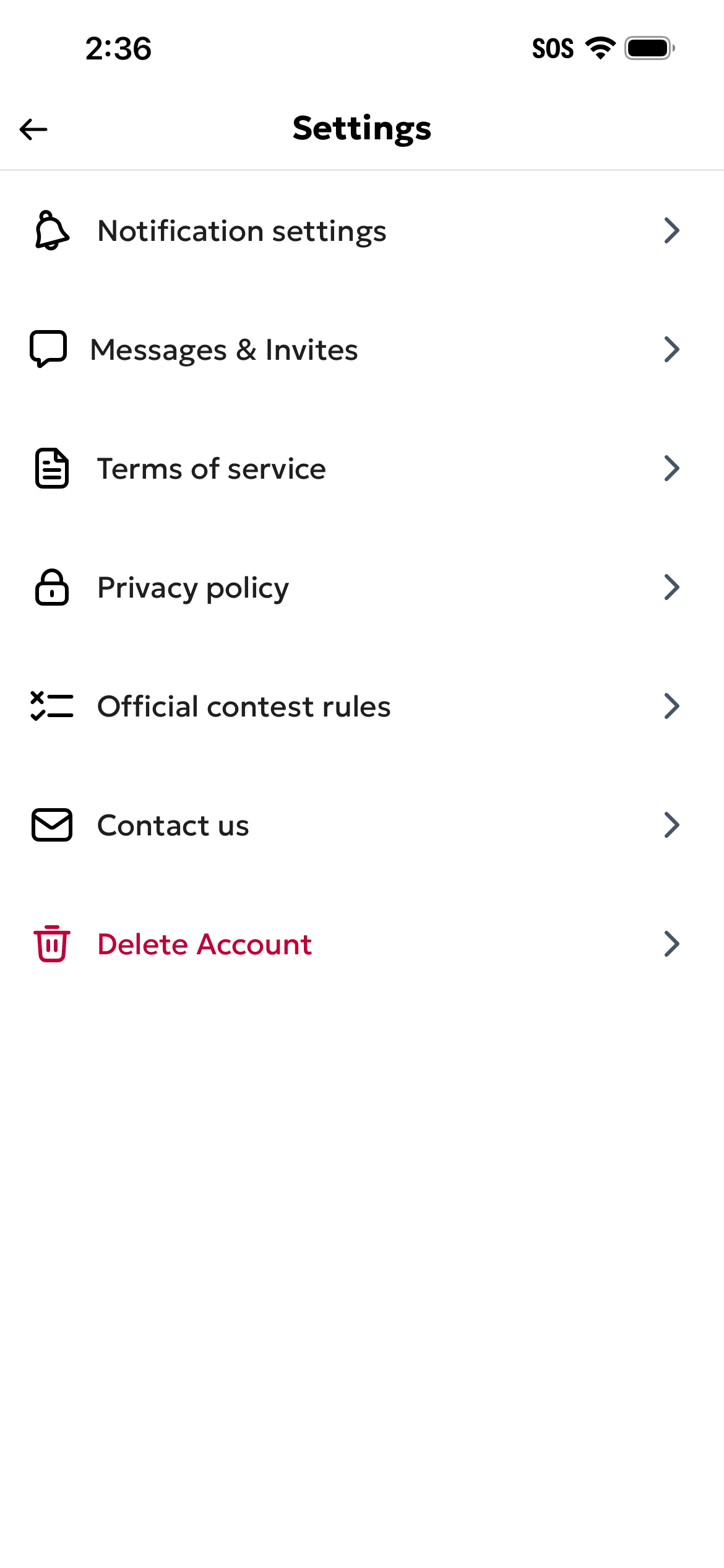 The Profile > Settings screen scrolled to the bottom showing the "Delete Account" button