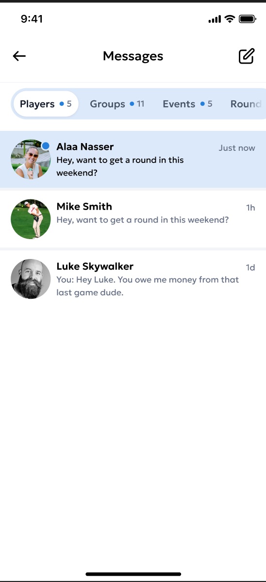 The Messages screen showing a list of conversations (both direct messages and group chats) with preview text and timestamps