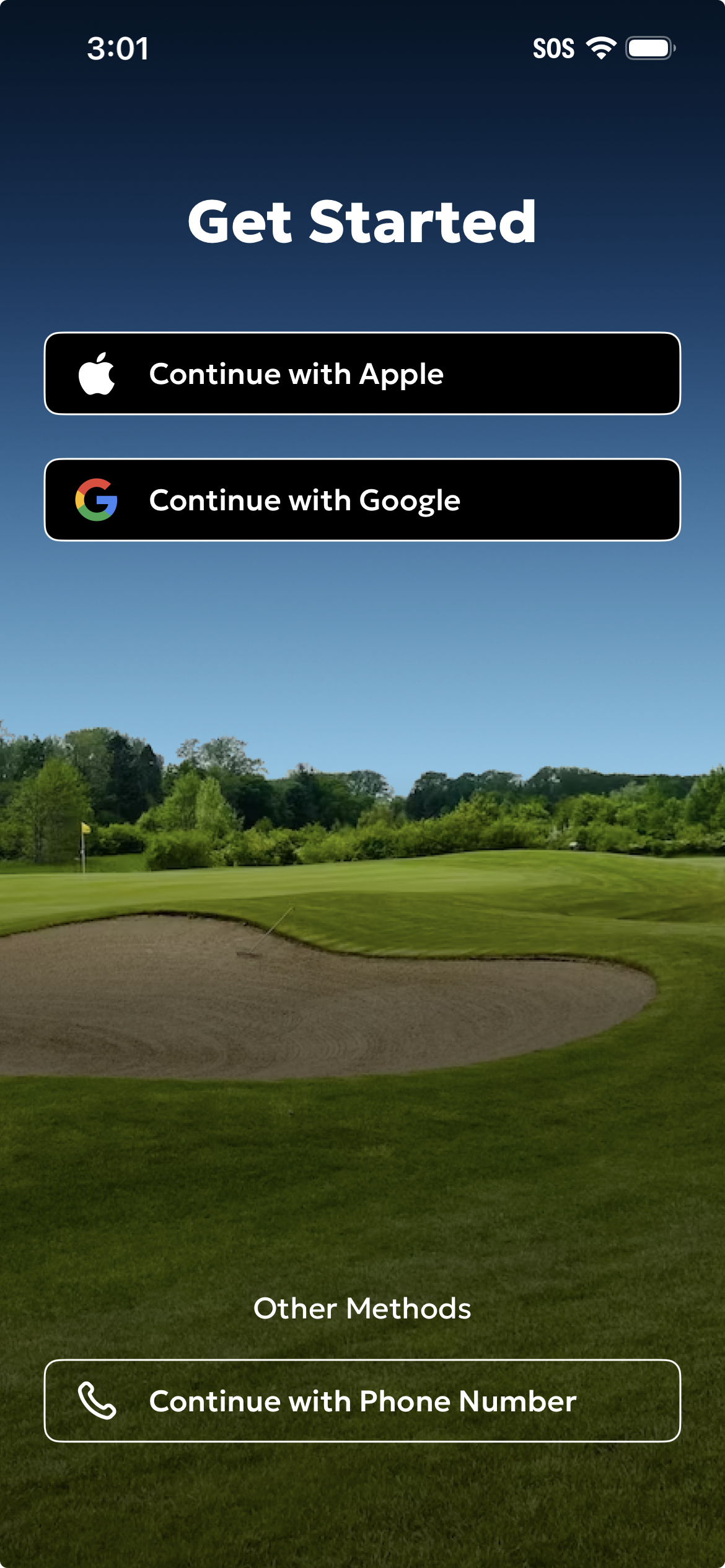 The initial sign-up/login screen showing all four options: Continue with Google, Continue with Apple, Sign in with Email, Sign in with Phone