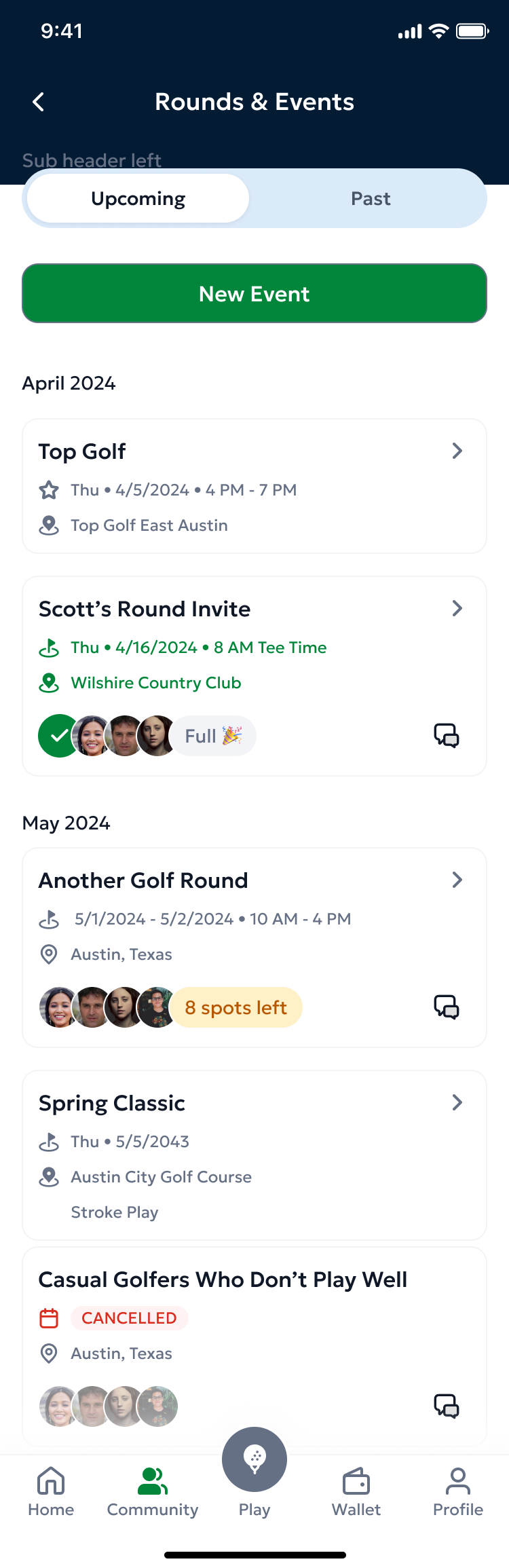 The Events section showing upcoming events with filters for date, location, and type