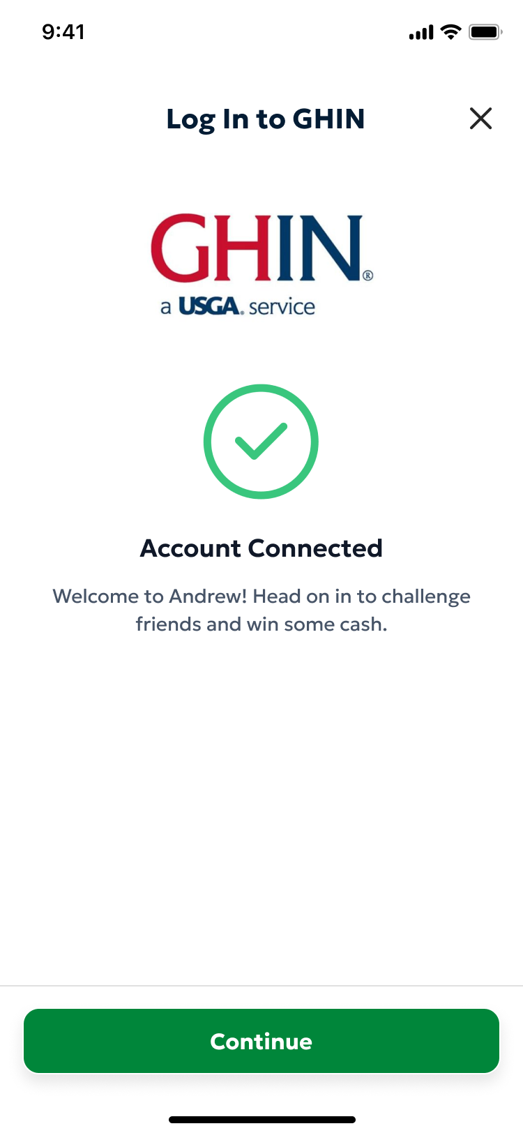 The GHIN settings screen after successful connection showing handicap index, GHIN number, and Score Posting toggle