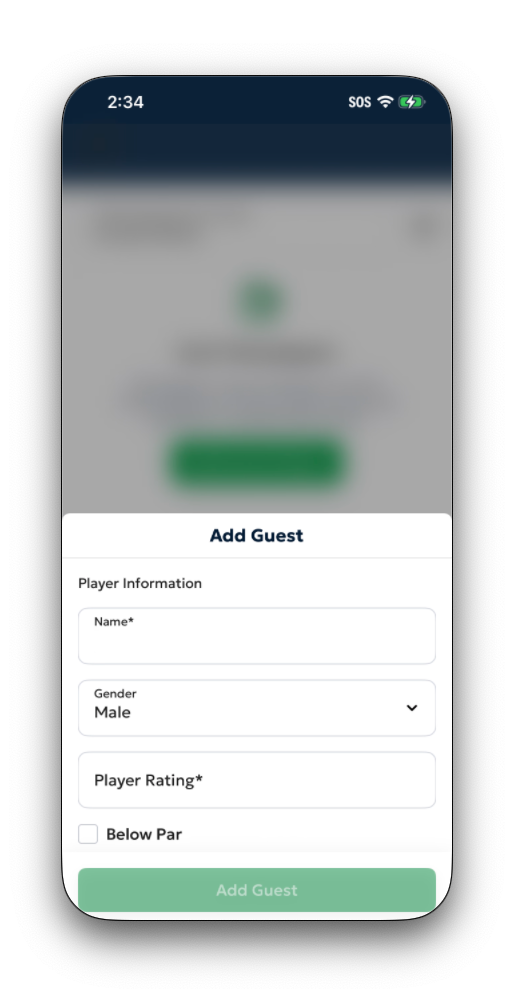 The Add Guest interface showing name entry and optional handicap fields