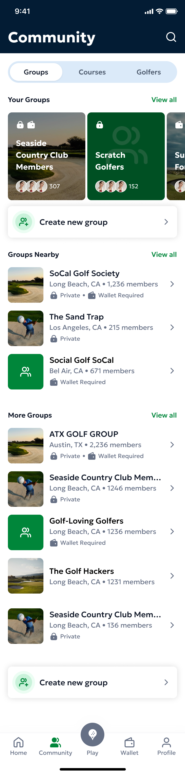 The Groups section showing suggested/featured groups, search bar, and filter options for location, size, and activity