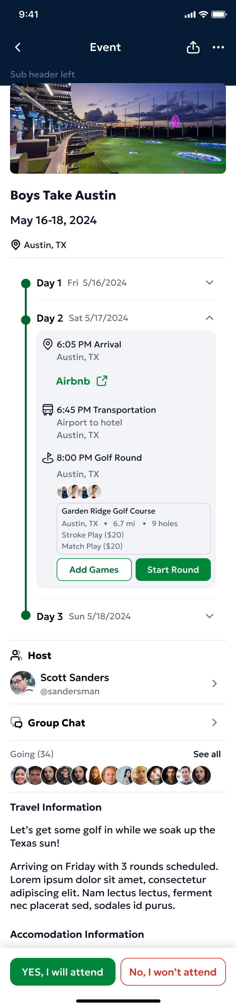 An active trip view showing the itinerary with multiple rounds listed (courses, dates, tee times) and the Add Round button