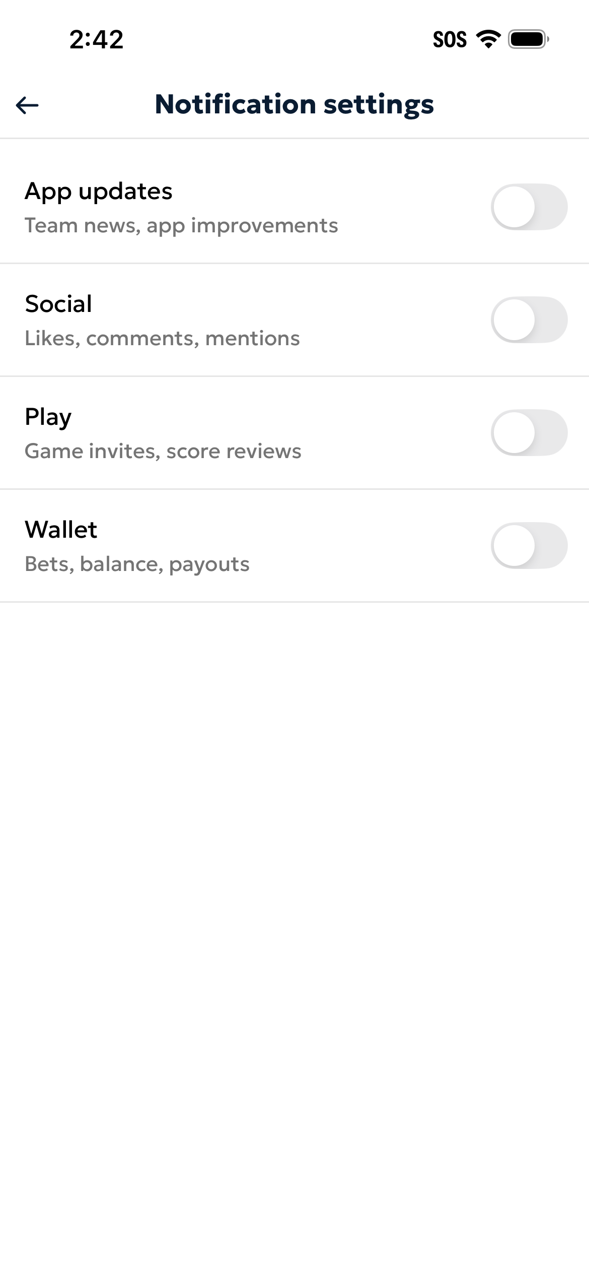 The Profile > Settings > Notifications screen showing category toggles to verify they are enabled