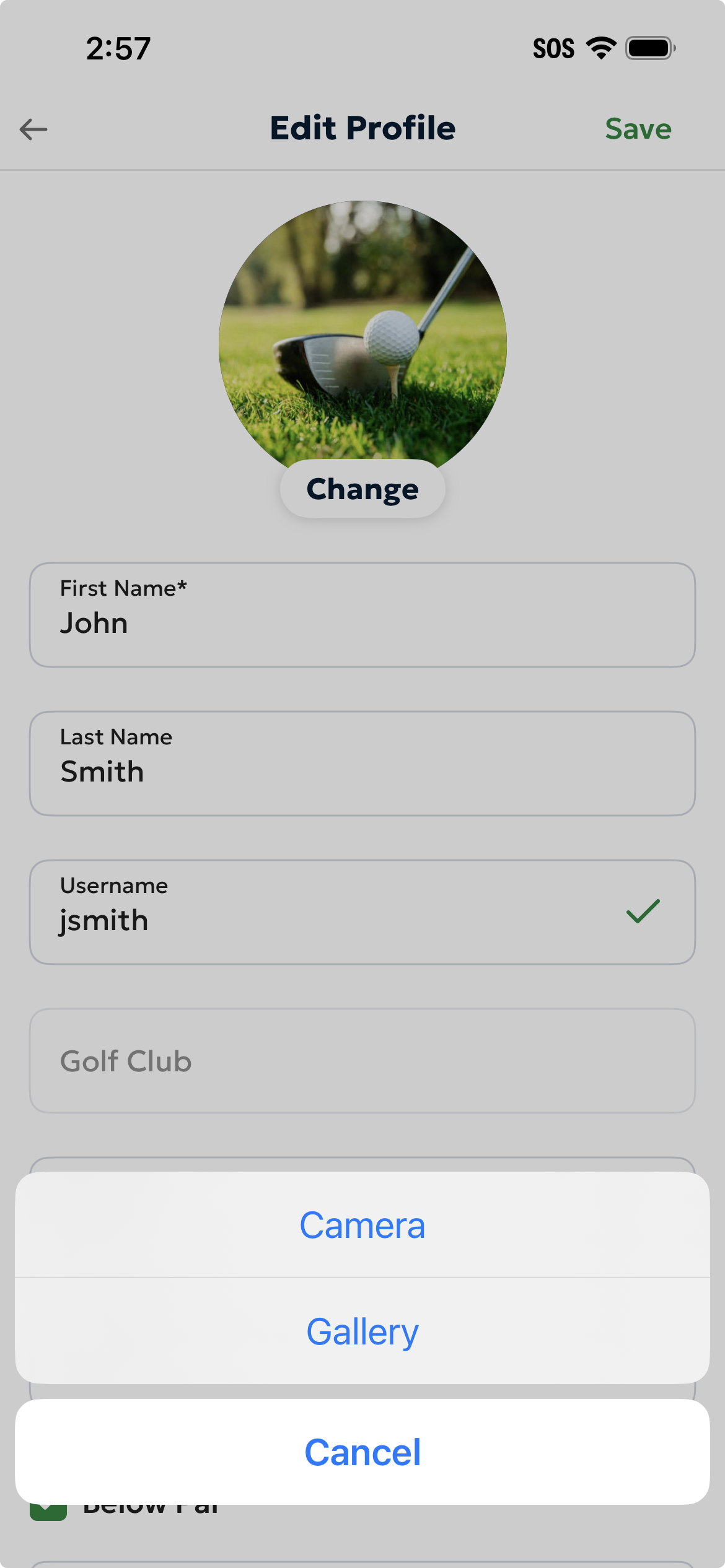 The photo picker dialog showing Take Photo and Choose from Library options when tapping the profile photo