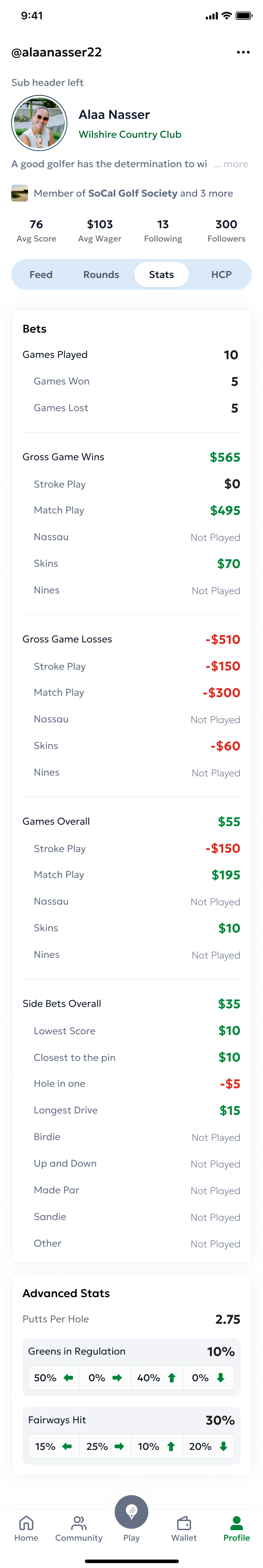The Profile > Stats section showing aggregated data: scoring average chart, handicap trend, best/worst rounds, most played courses