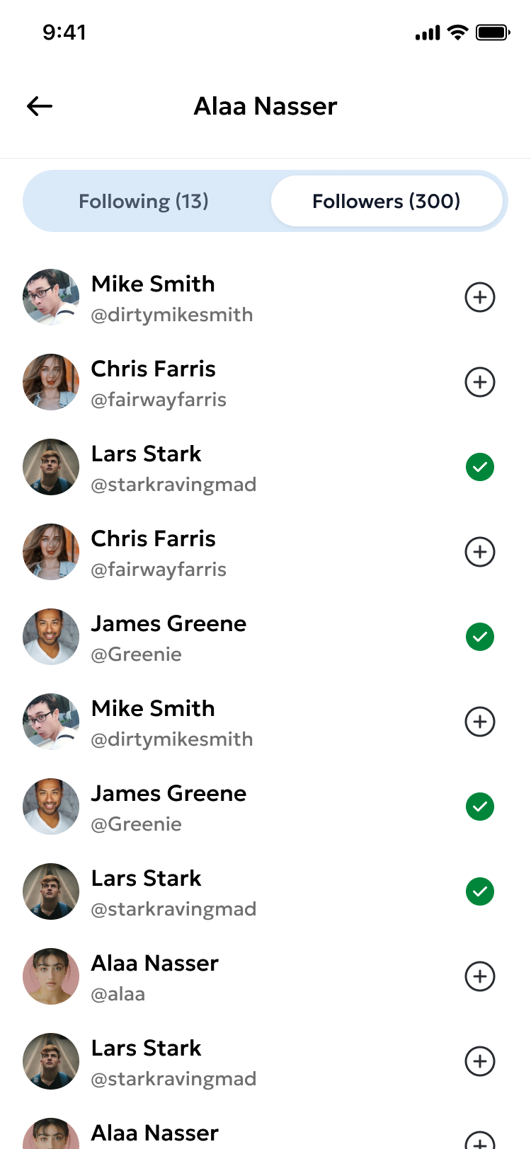 The Profile > Followers list showing all users following the current user