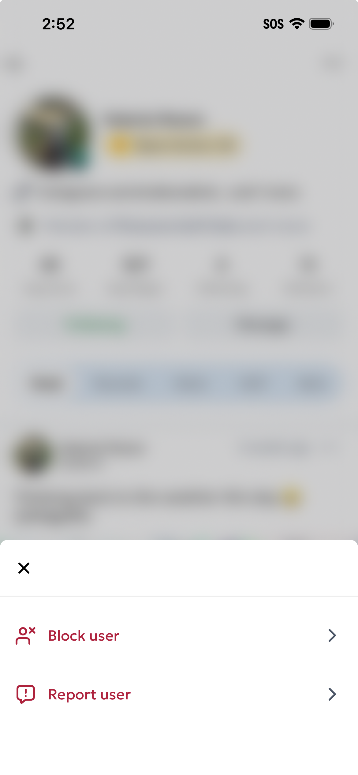 A user's profile showing the three-dots menu with the Block option visible