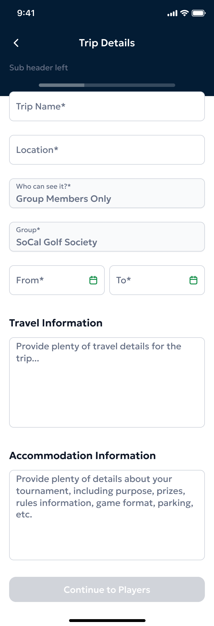 The Create Trip form showing fields for trip name, dates, location/destination, and participant invite list
