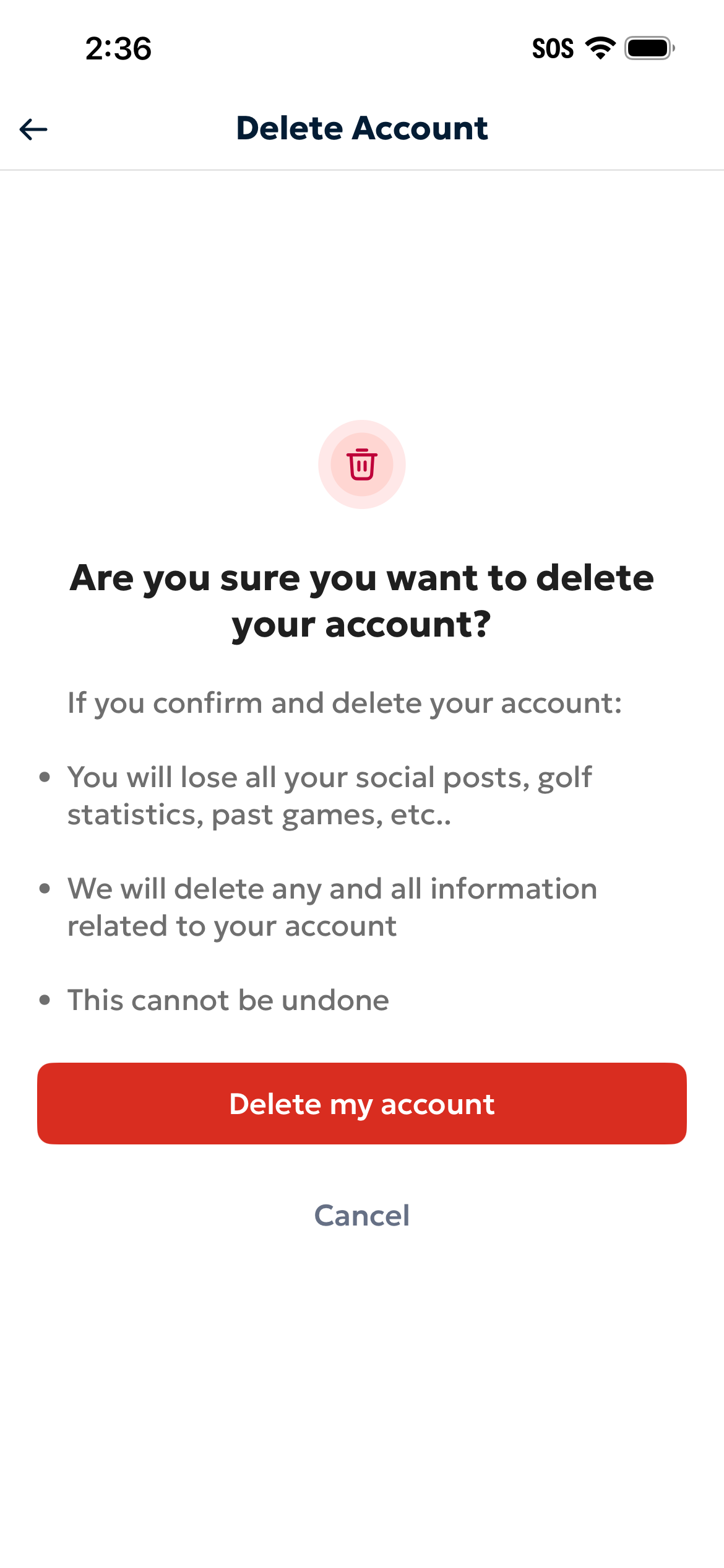 The warning/confirmation dialog that appears after tapping Delete Account, showing what will be deleted and the confirm button