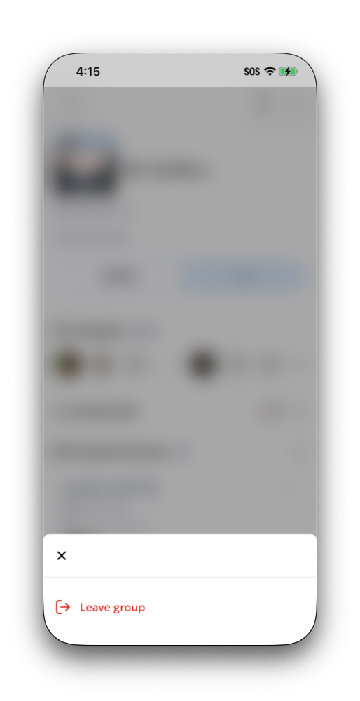 The group settings screen showing the Leave Group option with the confirmation dialog