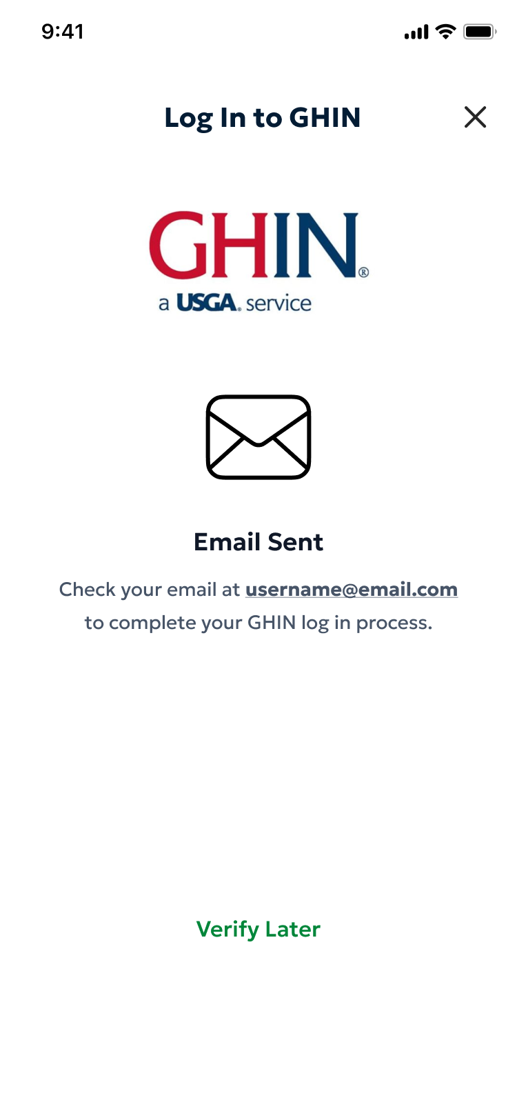 The screen shown after entering your GHIN number, prompting you to check your email for a verification link