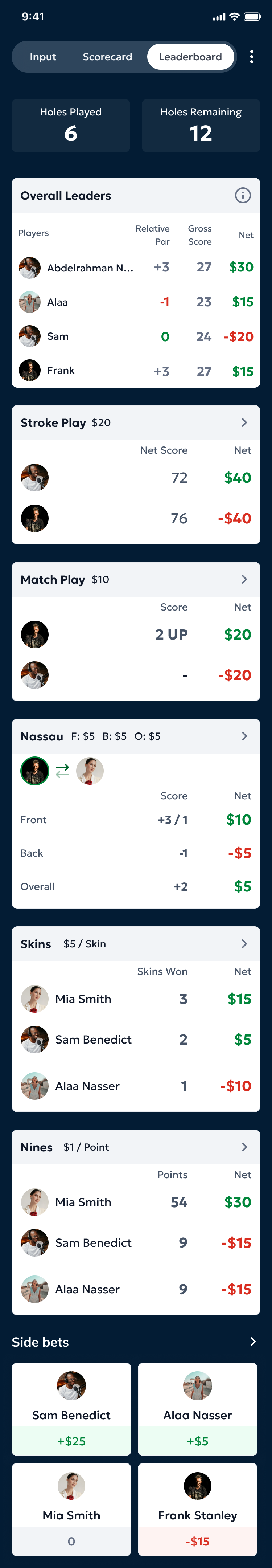 The Leaderboard tab during an active round showing player rankings with Name, Thru, Score, and Today columns