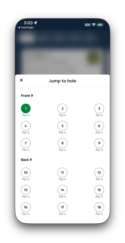 The top of the round view showing hole numbers that can be tapped to jump to a specific hole, with swipe gesture indication