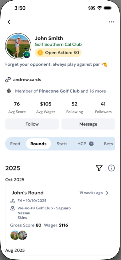 The Profile tab showing user stats (handicap, rounds played), round history, wallet access, settings gear, and messages