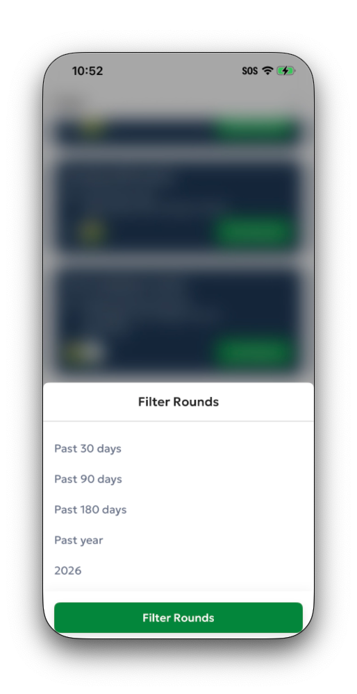 The filter options on the round history screen showing by date, by course, and by score filter controls
