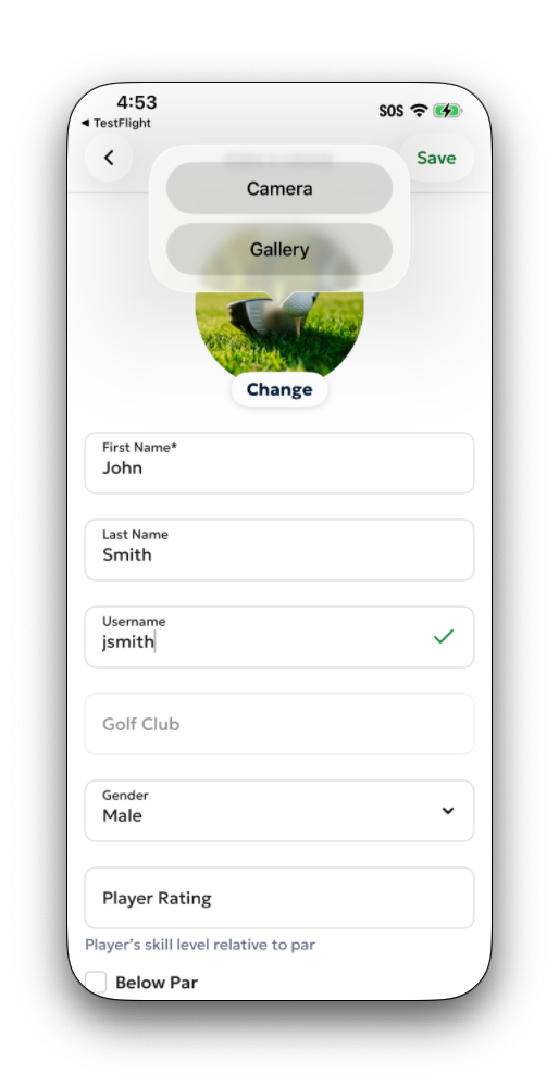 The photo picker dialog showing Take Photo and Choose from Library options when tapping the profile photo