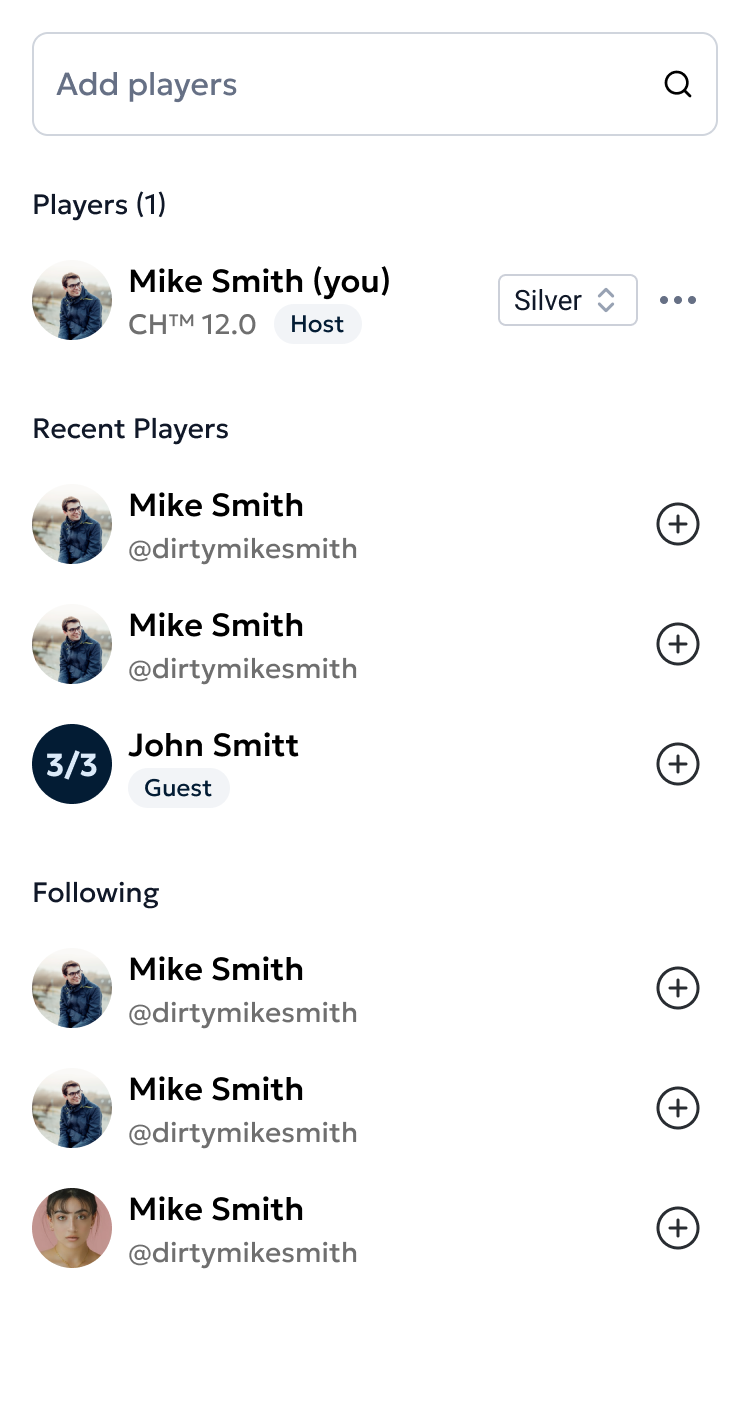 The Add Player search screen for finding Andrew users by name or username